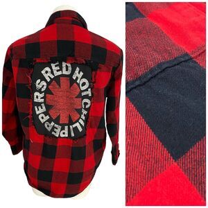Upcycled Flannel Shirt Womens Medium Shacket Chili Peppers Red Country Grunge